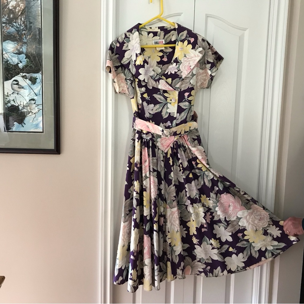No Brand Purple Floral Wrap Midi Dress with Waist Tie